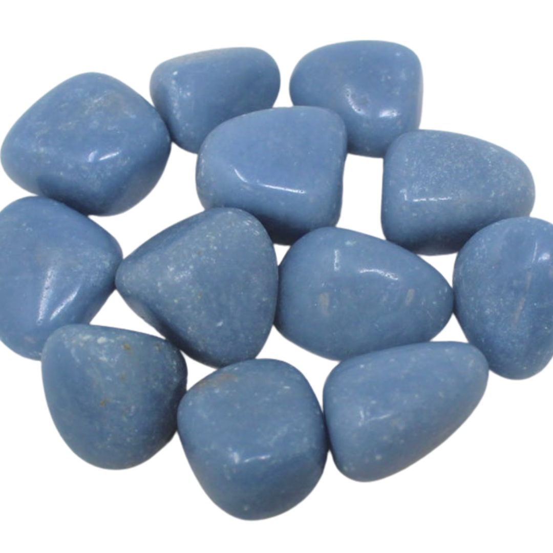Angelite Polished Tumbled Crystal   Our amethyst has a soothing blue coloring to the stone. Each stone weighs approximately 7-12g. The size and shape may vary. If smaller shape, we may include multiple pieces to meet mid-gram level.  What does it do? Angelite is a stone of communication to spirit guides.