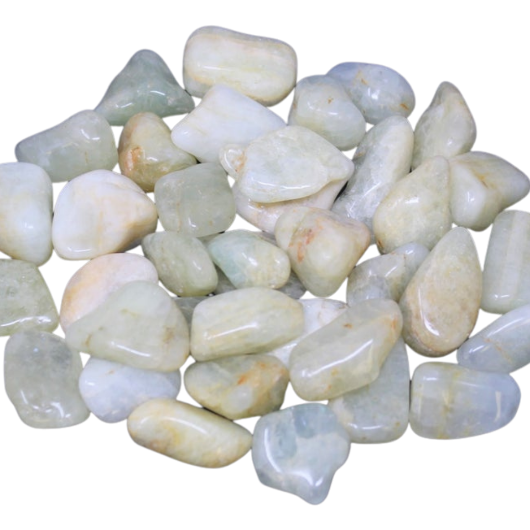 Aquamarine Tumbled Crystal   Our aquamarine has a soothing light blue coloring to the stone. The size and shape may vary. If smaller shape, we may include multiple pieces to meet mid-gram level.